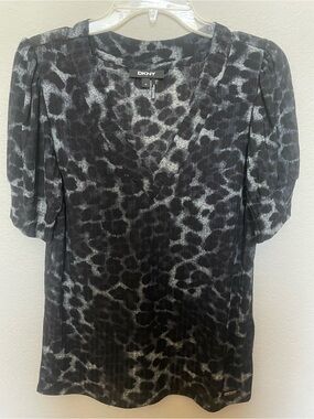 DKNY Black and Gray Leopard Print V-Neck Blouse